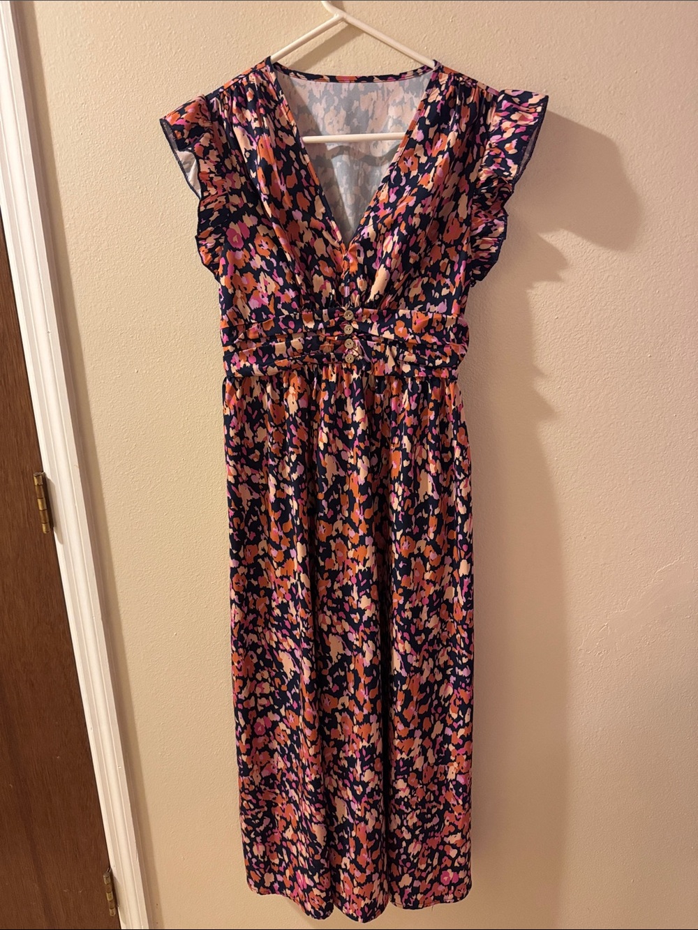 SHEIN Navy Floral Print Maxi Dress with Pink & Orange Accents